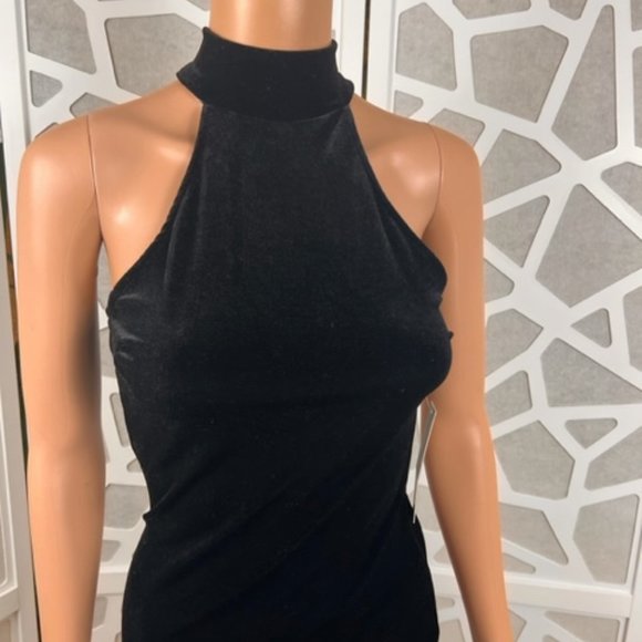 Black Mini Dress High Neck Sleeveless Velvet Like Bodycon - Picture 4 of 8